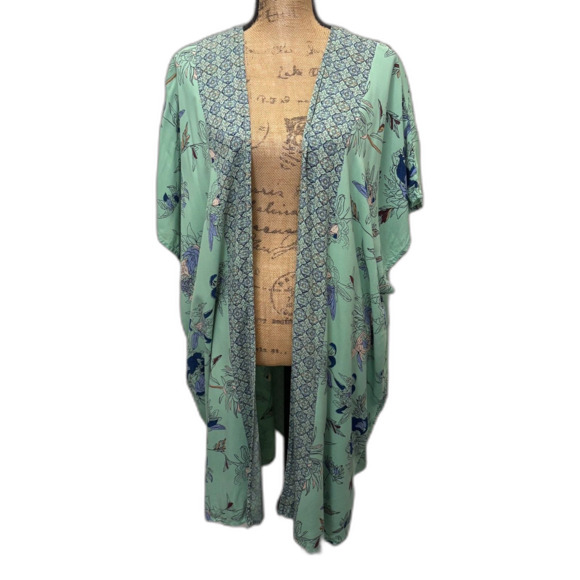 Angie Open Front Duster Kimono Mint Green Mixed Prints Bohemian Flowy One Size - Picture 1 of 4